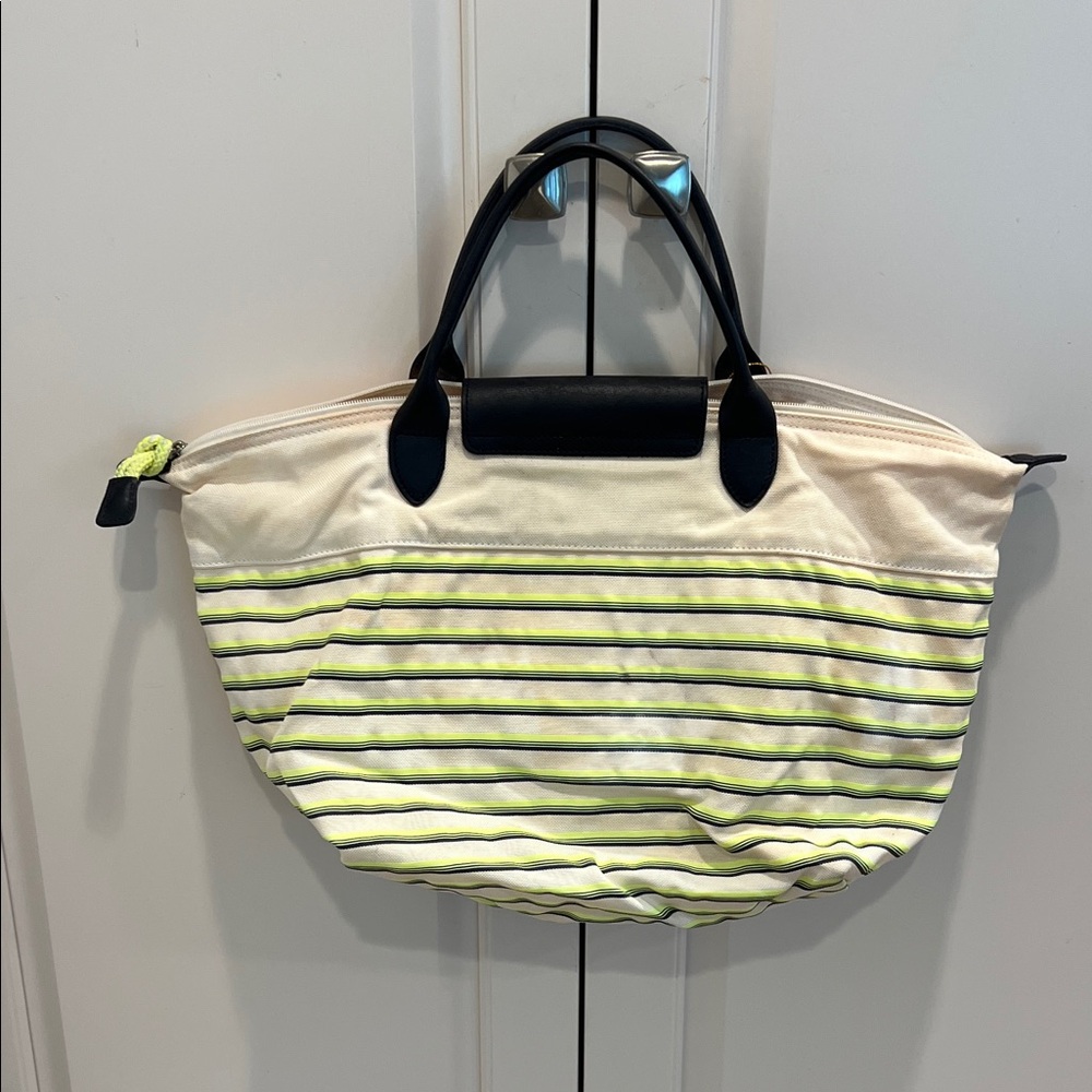 Longchamp Striped Canvas Tote in White, Black & Neon Yellow - Picture 3 of 7